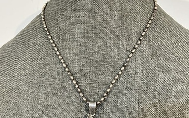 925 Sterling Silver Vintage Real Amber lg 3" Modernist Pendant Chain sz 17"