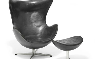 Arne Jacobsen: “The Egg Chair”. Early easy chair with matching footstool with profiled aluminum base. (2)