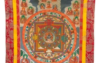 TIBETAN THANKA In mandala design, with central figure of Mahakala surrounded by various deities. 30" x 22".