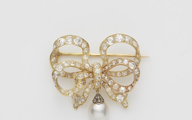 A 14k gold and European old-cut diamond bow brooch with pearl droplet.