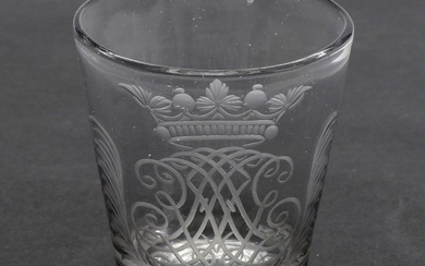 A 18th century beer glass engraved with crowned monogram. Norway or Germany. H. 8.4. Diam. 7.4 cm.