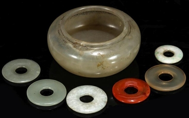 A 19TH CENTURY CHINESE JADE BRUSH WASHER AND PENDANTS