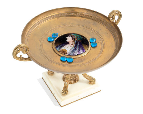 A 19th century French gilt bronze and Limoges style enamel inset tazza