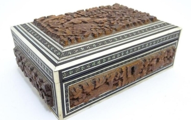 A 20thC Anglo-Indian box with carved sandalwood panels