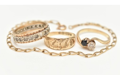 A 9CT GOLD BRACELET AND THREE RINGS, a yellow gold elongated...