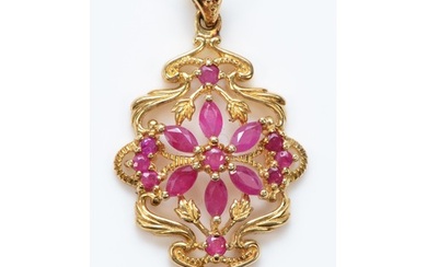 A 9ct gold ruby and cultured pearl openwork pendant, 36mm, 3...