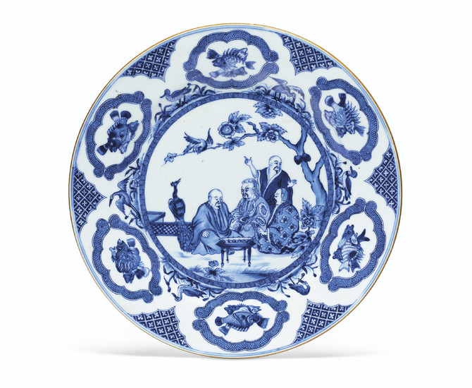 A BLUE AND WHITE 'PRONK DOCTORS' PLATE, QIANLONG PERIOD, CIRCA 1738