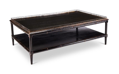 A BRASS MOUNTED EBONISED TWO TIER COFFEE TABLE, SECOND HALF 20TH CENTURY