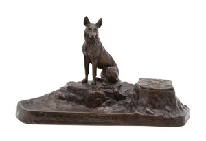 A Bronze Inkwell of Dog Barking at a Cat in a Doghouse