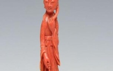 A CHINESE CARVED CORAL FIGURE OF QUAN YIN