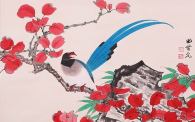 A CHINESE FLOWER AND BIRD PAINTING ON PAPER, HANGING SCROLL, TIAN SHIGUANG MARK