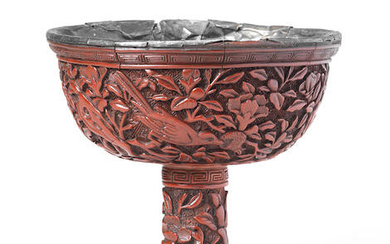 A CINNABAR LACQUER CARVED STEM CUP