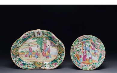 A Chinese Canton famille rose lobed armorial dish and a plat...