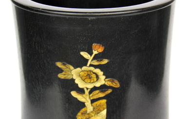 A Chinese black hardwood brush pot decorated with mother of pearl, H. 17cm.