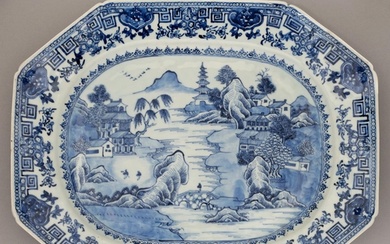 A Chinese blue and white dish, 18th c, painted with a river ...
