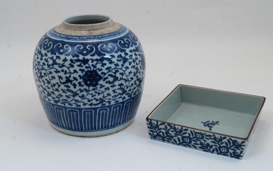 A Chinese blue and white ovoid jar, late 19th/early 20th century, lacking cover, 19cm high; together with a modern Chinese blue and white square dish, 15.5cm square (2)