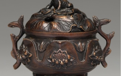 A Chinese bronze tripod censer, 20th c, cast with lotus, the...