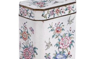 A Chinese canton enamel tea caddy of rectangular form with retracted corners...