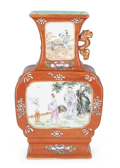 A Chinese porcelain famille rose coral-ground vase, hu, Republic period, painted to the exterior with panels depicting figures in garden scenes, the neck painted to one side with a panel depicting a lady holding a fly whisk, the other side a panel...
