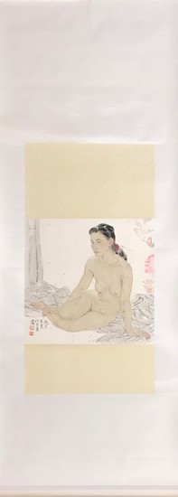 A Chinese silk mounted hand painted scroll of a young woman, W. 73cm, L. 200cm.