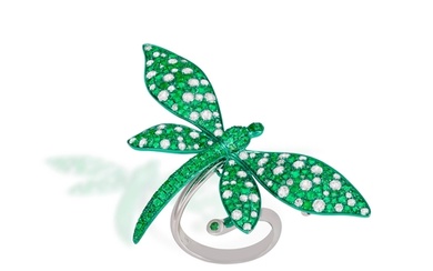 A DIAMOND AND EMERALD BROOCH/RING Designed as a green drago...