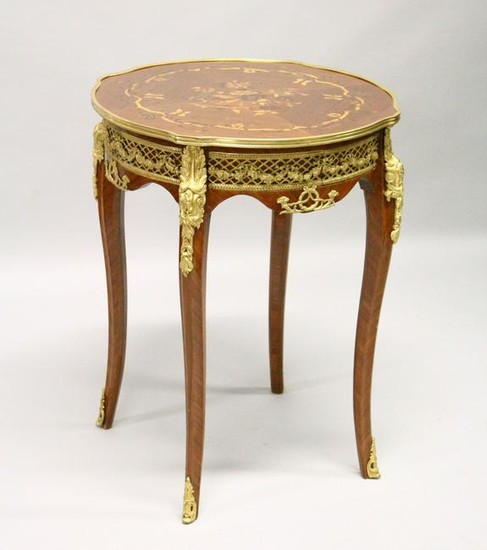 A FRENCH STYLE MARQUETRY AND ORMOLU MOUNTED LAMP TABLE.