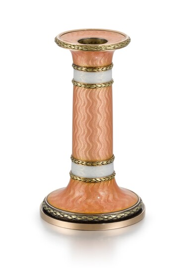 A Fabergé gold-mounted guilloché enamel candle stick, workmaster Feodor Afanassiev, St Petersburg, 1908-1917