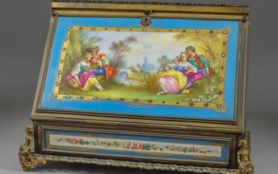 A French Gilt Brass Framed and Porcelain Mounted Stationery...