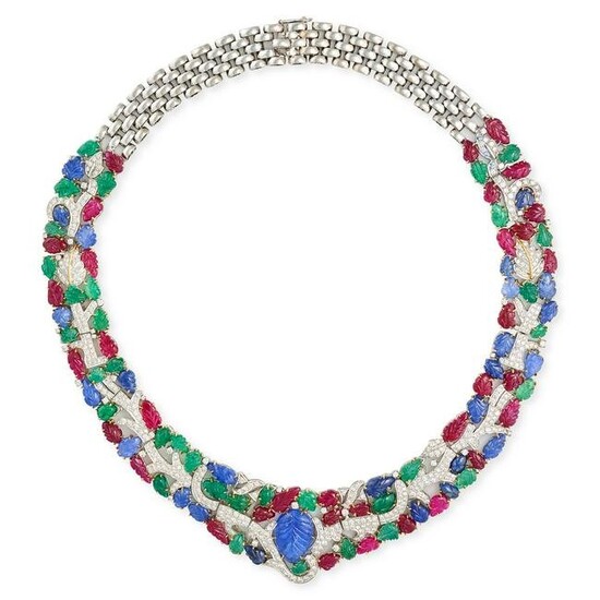 A GEM-SET AND DIAMOND TUTTI FRUTTI NECKLACE in white gold, of foliate design, set throughout with