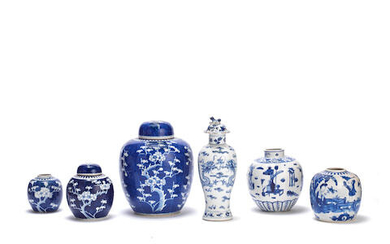 A GROUP OF SIX BLUE AND WHITE JARS