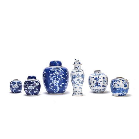 A GROUP OF SIX BLUE AND WHITE JARS