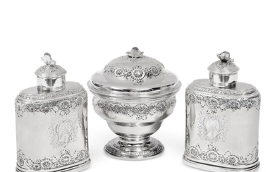A George II Silver Tea Caddy Set with Fitted Box, Samuel Taylor, London, 1751