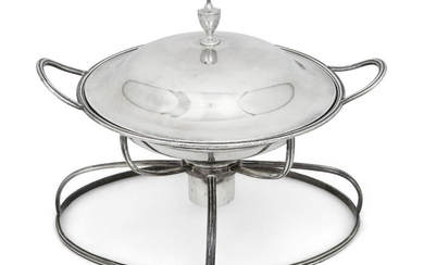 A George III silver chafing dish and cover, complete with stand and burner, all London, 1798, William Allen III, the circular dish with reeded twin handles and urn-shaped finial, the burner, dish and lid with lion crest, approx. weight (exc...