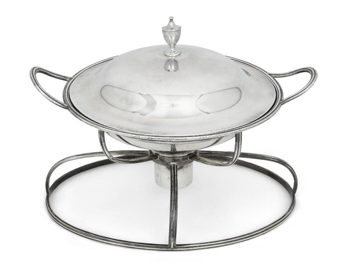 A George III silver chafing dish and cover, complete with stand and burner, all London, 1798, William Allen III, the circular dish with reeded twin handles and urn-shaped finial, the burner, dish and lid with lion crest, approx. weight (exc...