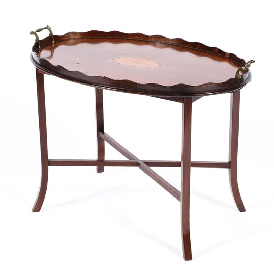 A Georgian style mahogany marquetry tray on stand, 19th century and later