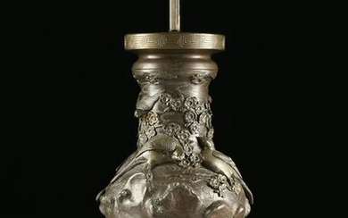 A JAPANESE PATINATED METAL VASE LAMP, MEIJI PERIOD
