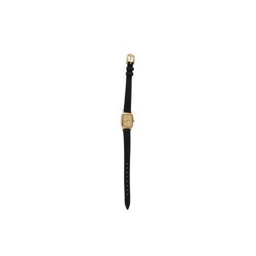 A LADY'S GOLD GLYCINE WRIST WATCH, 9ct gold with a black lea...