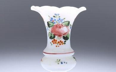 A LATE 19TH CENTURY ENAMEL PAINTED MILCH GLASS VASE, of