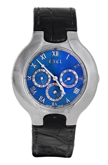 A 'Lichine' chronograph automatic wristwatch, by Ebel, the circular dial applied with Roman numerals with three subsidiary dials, leather strap with Ebel buckle, stamped 750 with Swiss assay marks, automatic movement, dial signed Ebel, reverse of...