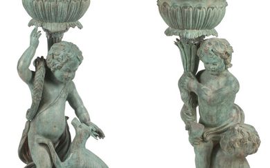 A Near Pair of Italian Pompeian-Style Bronze Figural Planters (20th century)