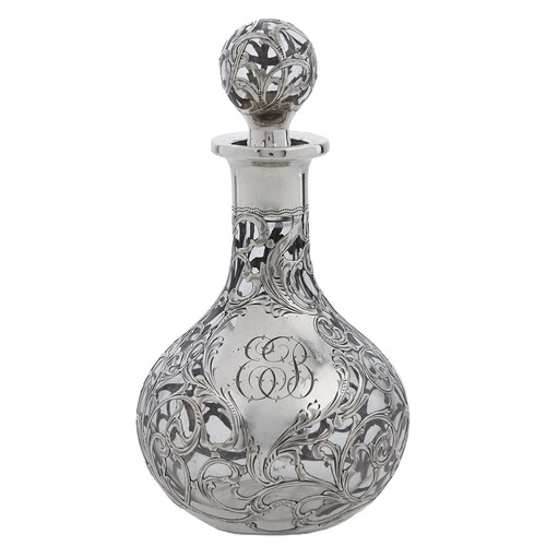 A North American silver overlay glass scent bottle and stopp...