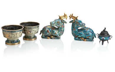 A PAIR OF CHINESE POLYCHROME CLOISONNE RECUMBENT DEER CENSERS