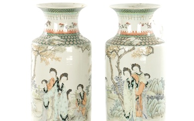 A PAIR OF CHINESE REPUBLIC FAMILLE VERTE CYLINDRICAL VASES d...