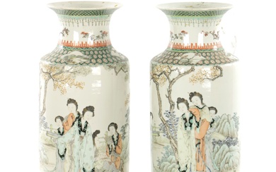 A PAIR OF CHINESE REPUBLIC FAMILLE VERTE CYLINDRICAL VASES...
