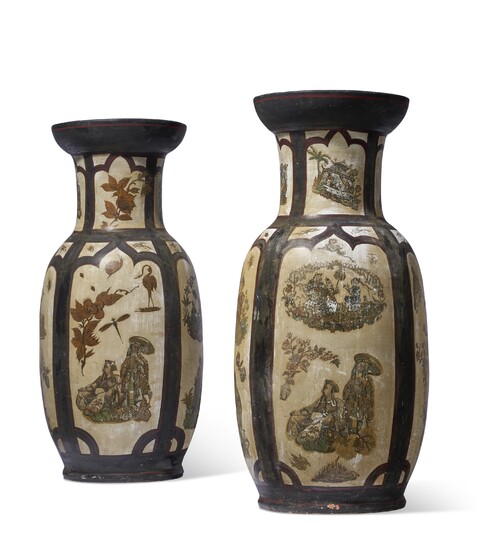 A PAIR OF CONTINENTAL EARTHENWARE COLD-PAINTED FAUX-JAPANNED VASES