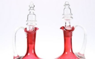 A PAIR OF CRANBERRY GLASS DECANTERS, LATE 19th CENTURY