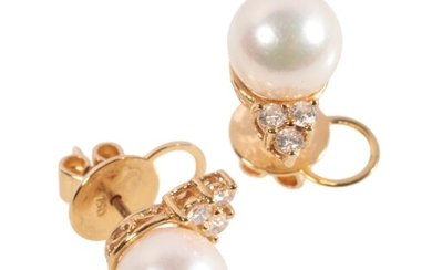 A PAIR OF CULTURED PEARL AND DIAMOND EAR STUDS each white to...