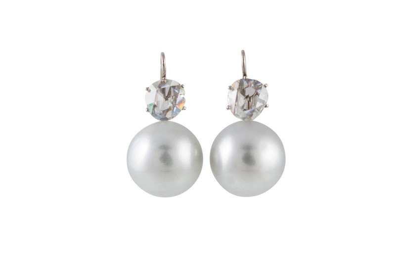 A PAIR OF CULTURED SOUTH SEA PEARL AND DIAMOND EARRINGS, wit...