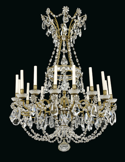 A PAIR OF FRENCH ORMOLU AND MOULDED-GLASS SIXTEEN-LIGHT CHANDELIERS, IN THE MANNER OF MAISON BAGUES, CIRCA 1900