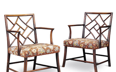A PAIR OF GEORGE III MAHOGANY COCKPEN ARMCHAIRS, CIRCA 1760, POSSIBLY SCOTTISH, THE NEEDLEWORK BY H.R.H. THE DUCHESS OF GLOUCESTER, LATER PRINCESS ALICE (1901-2004)